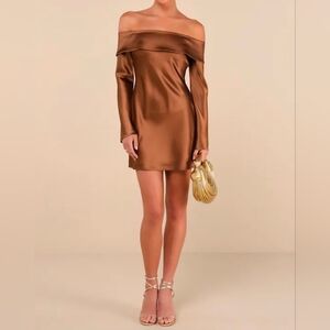 Lulus Luxurious Vision Brown Satin Off-the-Shoulder Mini Dress, Size Medium